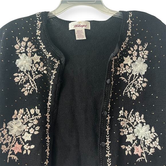Worthington Black Floral Embroidered Beaded Knit Cardigan Grannycore Retro Sz M - Picture 2 of 10
